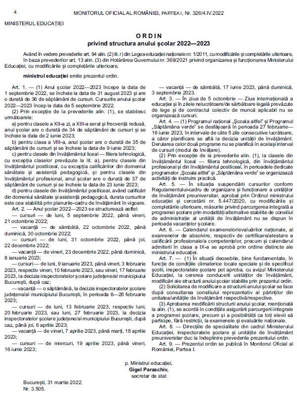 3505 Structura Anului Scolar 2022 2023
